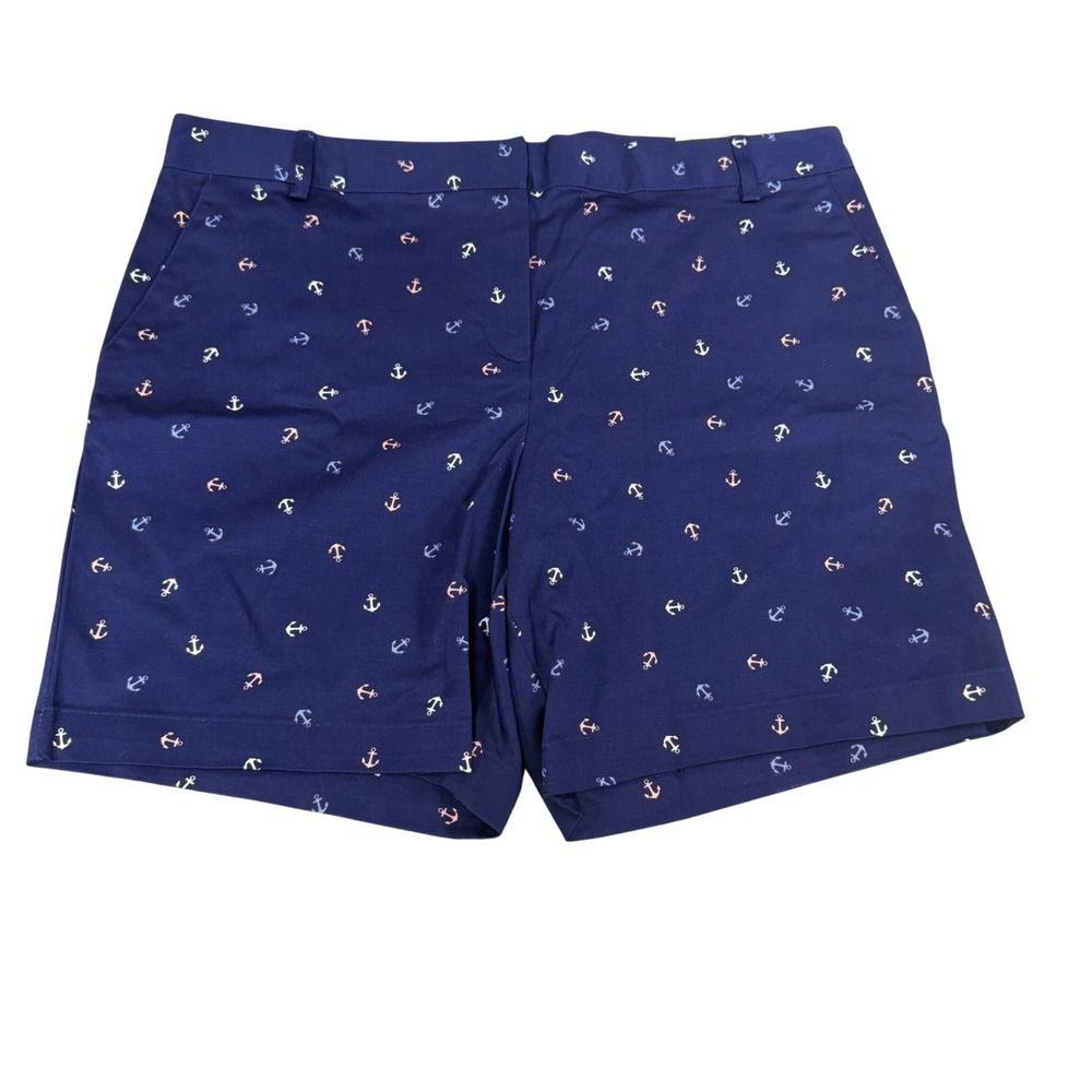 IZOD Womens Navy Blue Anchor Print Stretch Chino Shorts Size 12 Nautical Coastal